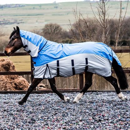 600D 2 in 1 Lightweight Waterproof Fly Turnout Mesh Horse Rug Fixed Neck Blue/Grey