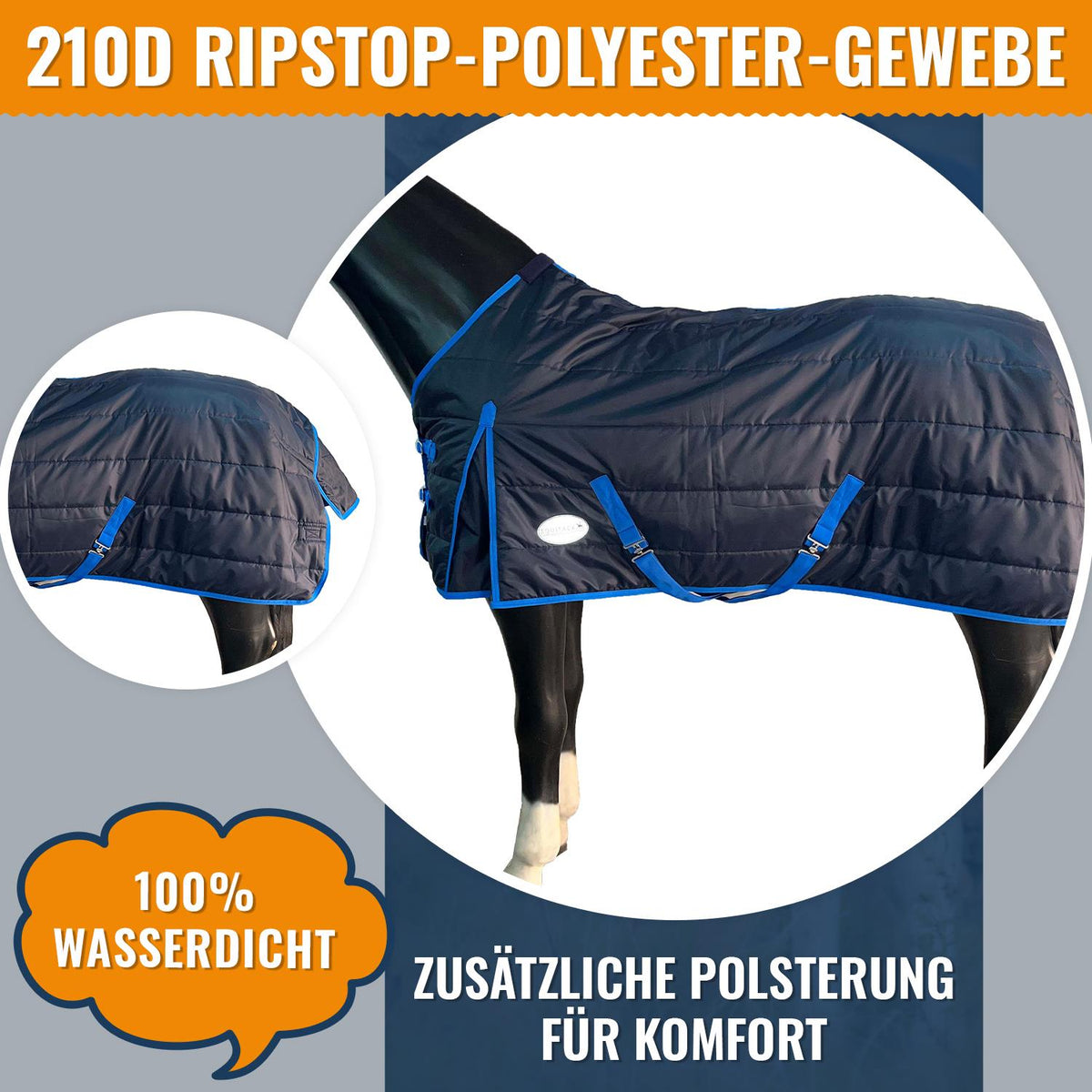210D Mediumweight Waterproof Horse Stable Rug 200g Fill Standard Neck Navy