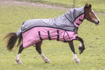 600D 2 in 1 Lightweight Waterproof Fly Turnout Mesh Horse Rug Fixed Neck Grey/Raspberry