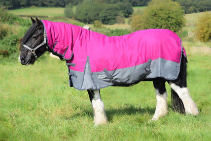 600D Mediumweight Waterproof Horse Turnout Rug 100g Fill Combo Full Neck Raspberry/Grey