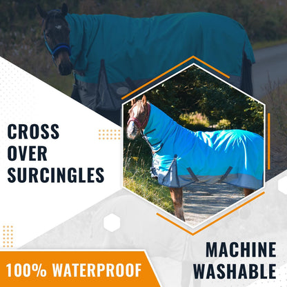 1200D Lightweight Waterproof Horse Turnout Rug 0g No Fill Combo Full Neck Aqua/Dark Grey