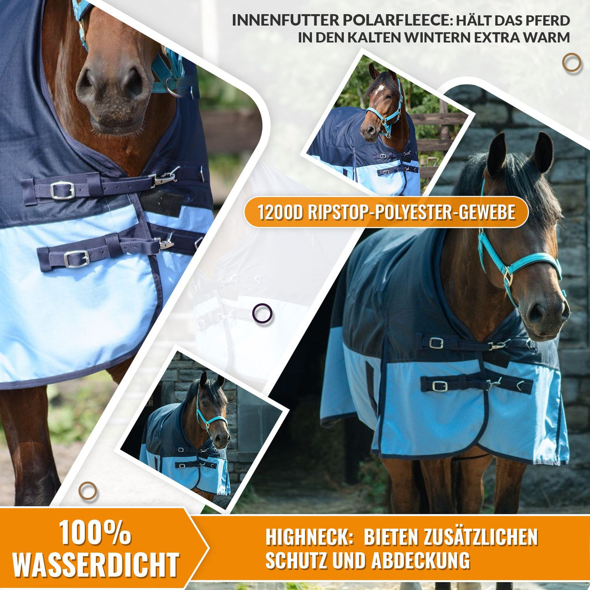 1200D Leichte wasserdichte Pferde-Weidedecke, 0g, ohne Füllung, Half Neck, Marineblau/Hellblau