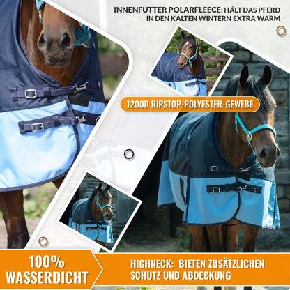 1200D Leichte wasserdichte Pferde-Weidedecke, 0g, ohne Füllung, Half Neck, Marineblau/Hellblau