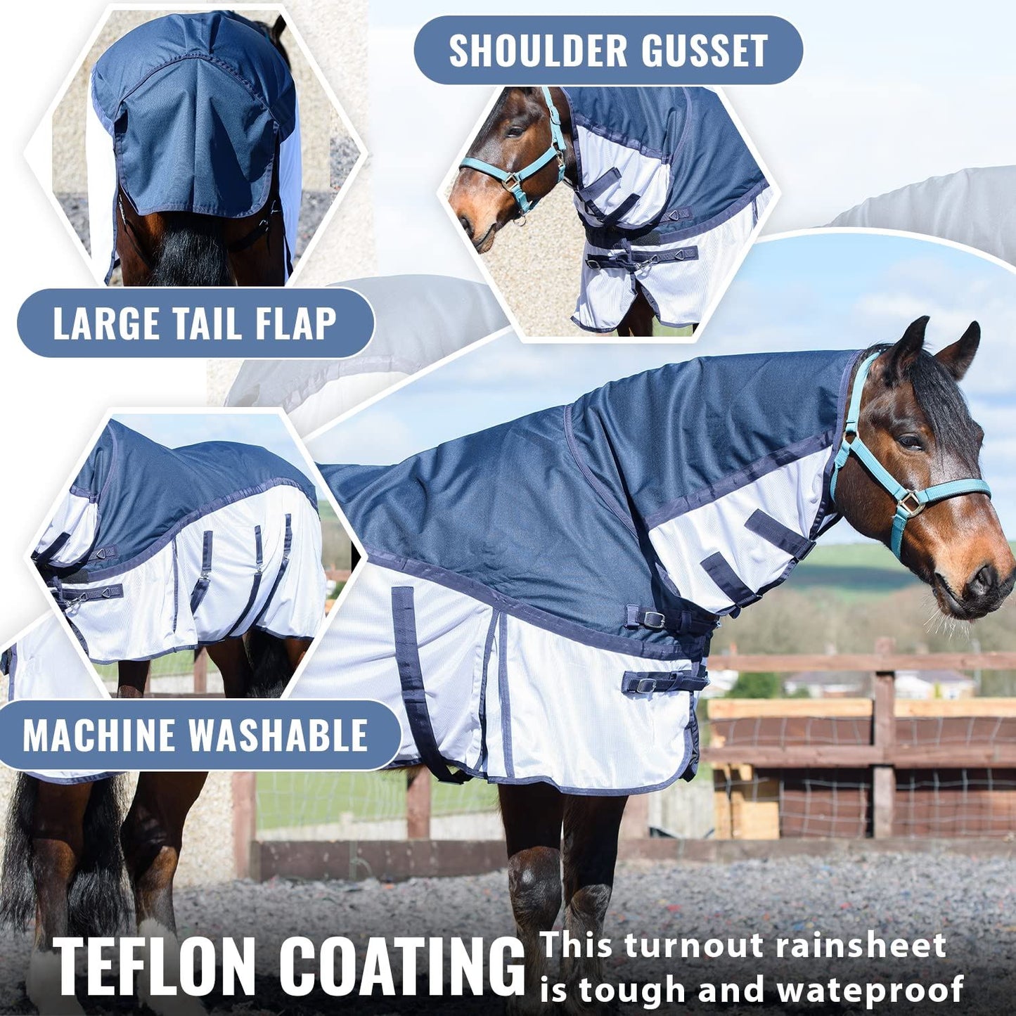 600D 2 in 1 Lightweight Waterproof Fly Turnout Mesh Horse Rug Fixed Neck Blue/White