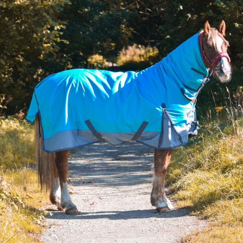 600D Lightweight Turnout Horse Rug Water Resistant Combo Neck Aqua/Grey 5'3-6'9